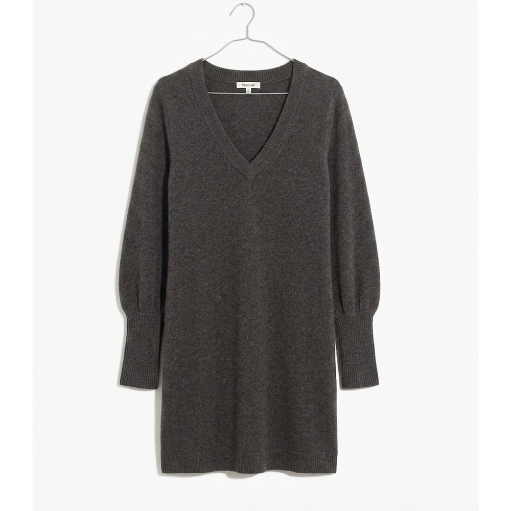 Madewell Bubble Sleeve Sweater Dress Womens Large Gray Merino Wool Dark Academia